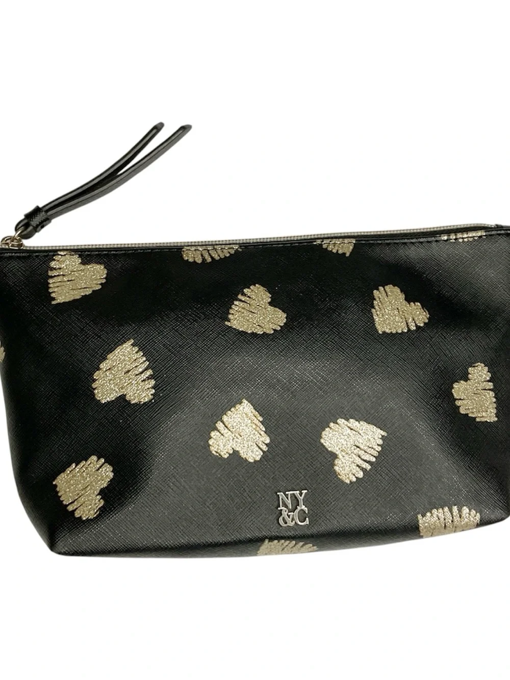 New York & Company Black Cosmetic Pouch with Gold Heart Print